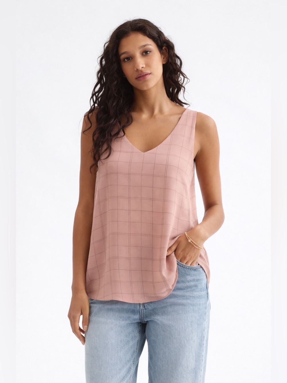 RW&Co Blush Pink Sleeveless Blouse | Windowpane Print | Size